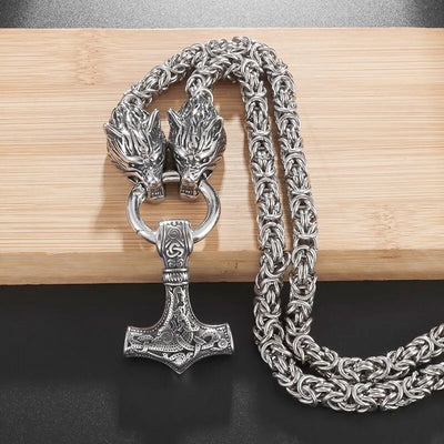 Nordic Double Wolf Head Thor’s Hammer Pendant – Stainless Steel Viking Necklace for Men